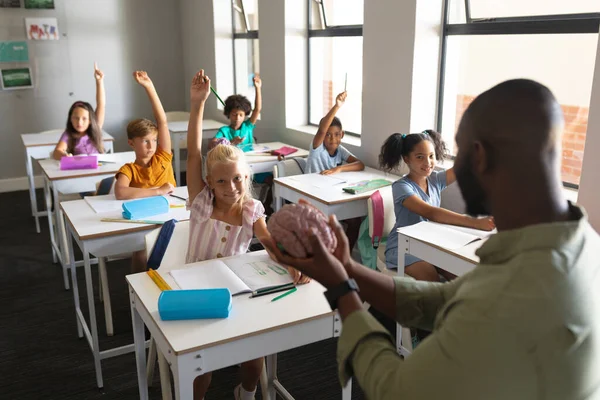 African American Young Male Teacher Showing Brain Model Multiracial Students — Stock Photo, Image