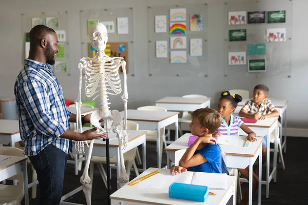 Sonriendo Afroamericano Joven Profesor Masculino Explicando Esqueleto Los Estudiantes Primaria —  Fotos de Stock