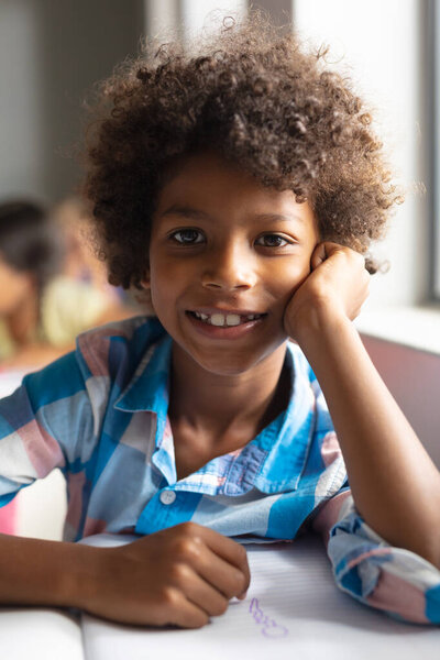 Portrait Smiling African American Elementary Boy Curly Hair Sitting Desk Stock Picture