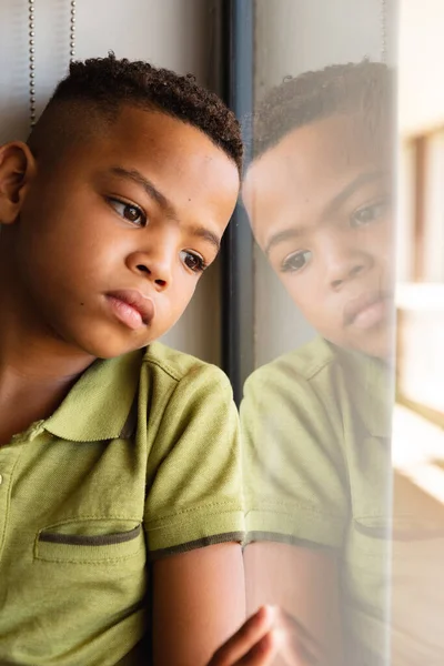 Close Thoughtful African American Elementary Schoolboy Looking Window Class Unaltered — Stock Photo, Image