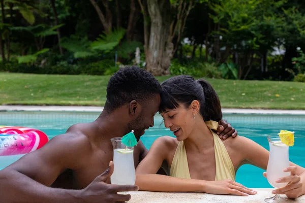 Romantic Multiracial Young Couple Touching Foreheads Swimming Pool Unaltered Togetherness — 图库照片