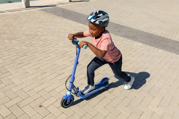 High Angle View African American Boy Riding Push Scooter Promenade — Zdjęcie stockowe