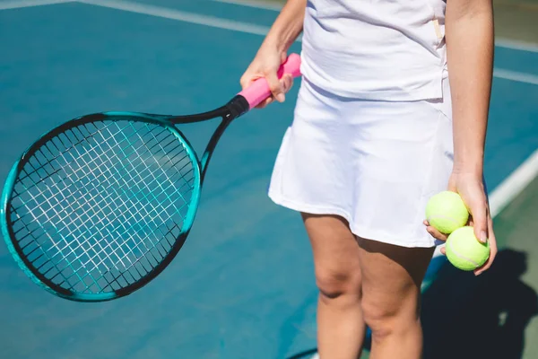 Midsection Young Female Caucasian Player Holding Tennis Balls Racket Court — Stok fotoğraf