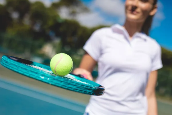 Smiling Young Female Caucasian Player Holding Ball Racket Standing Tennis — Fotografia de Stock