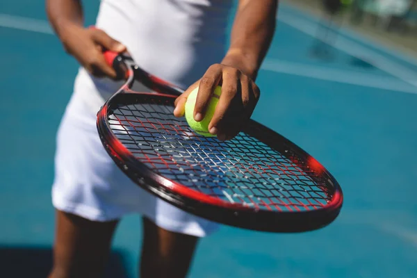 Midsection African American Female Player Holding Ball Racket Tennis Court — Foto de Stock