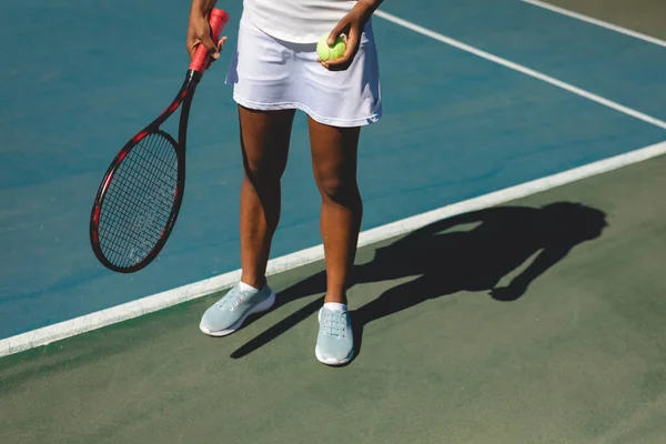 Low Section Young Female African American Player Standing Tennis Racket — Stok Foto