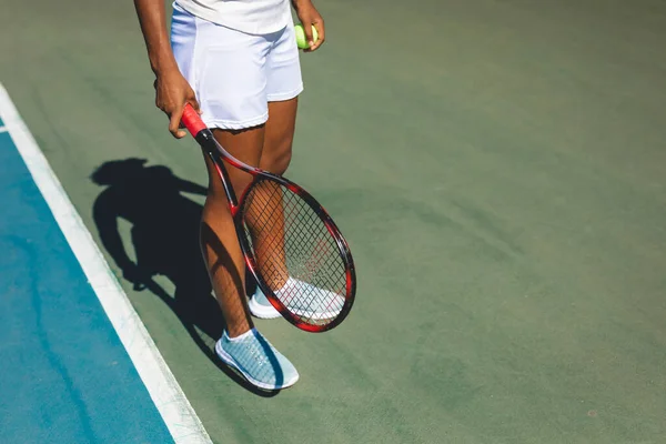 Low Section Young Female African American Athlete Standing Tennis Racket — Stok Foto