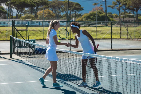 Happy Young Female Multiracial Tennis Players Doing Handshake Net Court —  Fotos de Stock