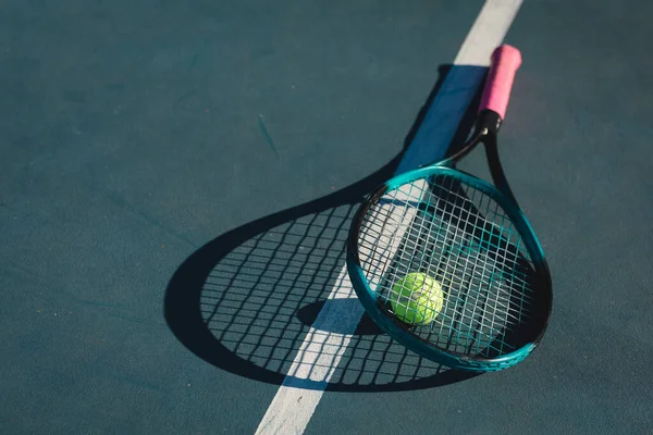 High Angle View Tennis Racket Ball Shadow Line Blue Court — Stock Fotó