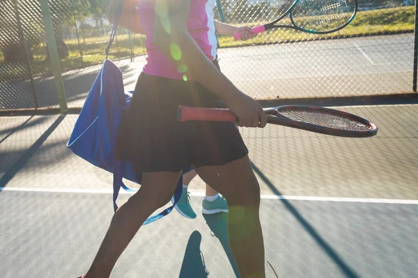 Midsection African American Female Tennis Player Walking Athlete Court Sunny — ストック写真