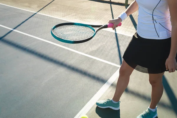 Low Section Young Female Caucasian Player Playing Tennis Court Sunny — Stock Photo, Image