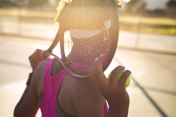 African American Young Female Player Racket Head Court Unaltered Sport — Zdjęcie stockowe