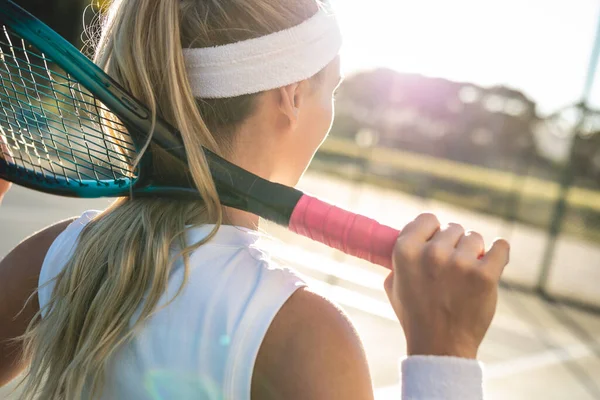 Rear View Young Blond Caucasian Female Tennis Player Racket Neck —  Fotos de Stock