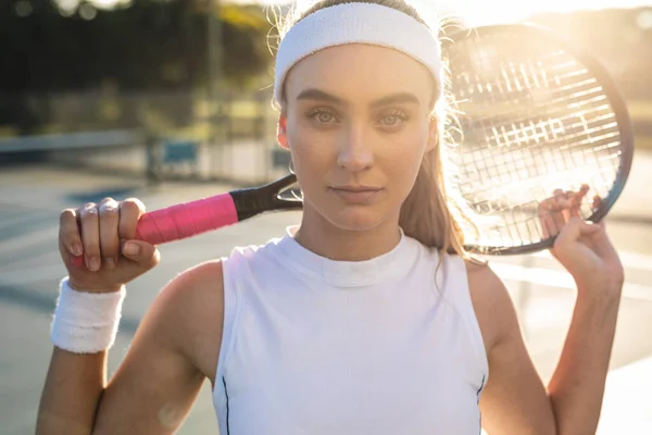 Portrait Confident Young Beautiful Caucasian Female Player Tennis Racket Neck — Fotografia de Stock