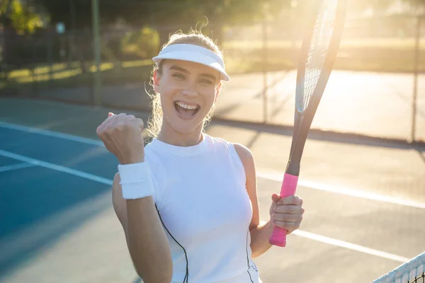 Portrait Happy Young Beautiful Caucasian Female Player Celebrating Winning Tennis — Fotografia de Stock