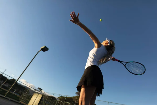 Low Angle View Young Female Caucasian Tennis Player Serving Ball — 图库照片