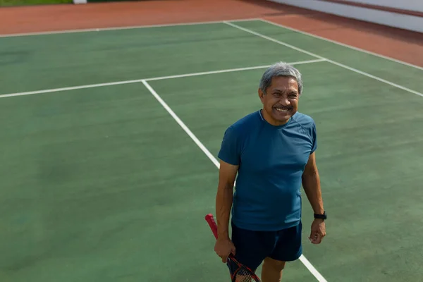 High Angle Portrait Smiling Biracial Senior Man Racket Standing Tennis — Stock Fotó