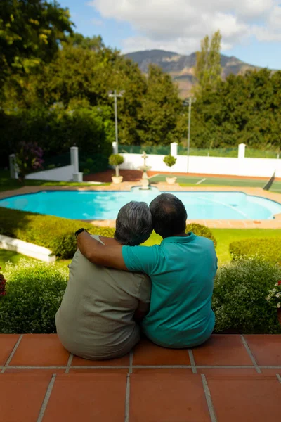 Rear View Biracial Senior Man Hand Wife Shoulder Looking View — Fotografia de Stock