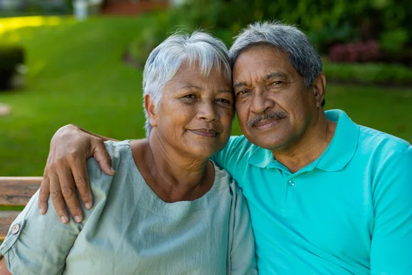 Close Portrait Loving Senior Man Hand Wife Shoulder Sitting Bench —  Fotos de Stock