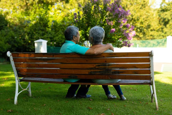 Biracial Senior Husband Hand Senior Wife Shoulder Sitting Bench Trees — Φωτογραφία Αρχείου