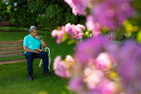 Biracial Thoughtful Senior Man Hand Chin Book Sitting Bench Plants — Fotografia de Stock