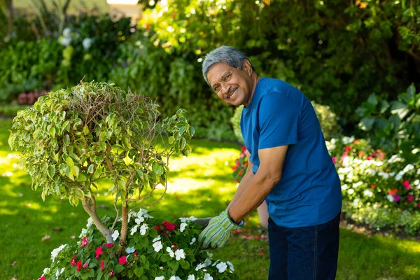 Portrait Smiling Biracial Senior Man Wearing Gloves Touching Flowers While — стоковое фото