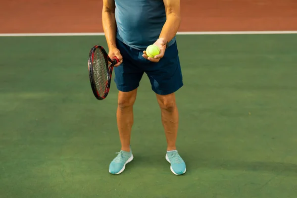 Low Section Man Holding Tennis Racket Ball While Standing Tennis — 图库照片