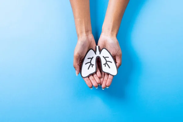 Manos Recortadas Mujer Sosteniendo Pulmones Papel Sobre Fondo Azul Espacio — Foto de Stock