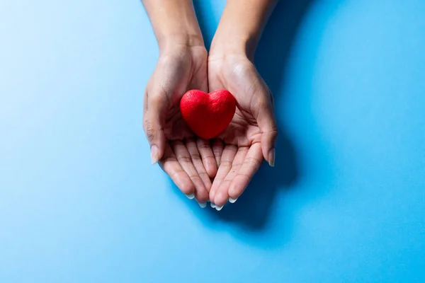 Cropped Hands Woman Holding Red Heart Shape Blue Background Copy — ストック写真