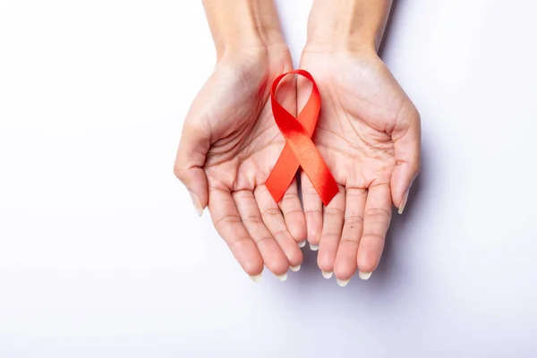 Cropped Hands Woman Leukemia Awareness Ribbon White Background Copy Space — Foto Stock
