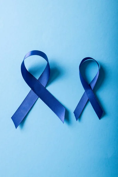 Close Blue Stomach Cancer Awareness Ribbons Isolated Blue Background Copy — Fotografia de Stock