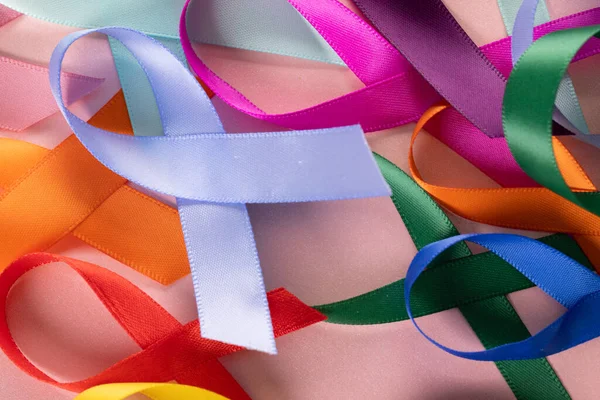 Extreme Close Various Multicolored Awareness Ribbons Pink Background Copy Space — Stock Photo, Image