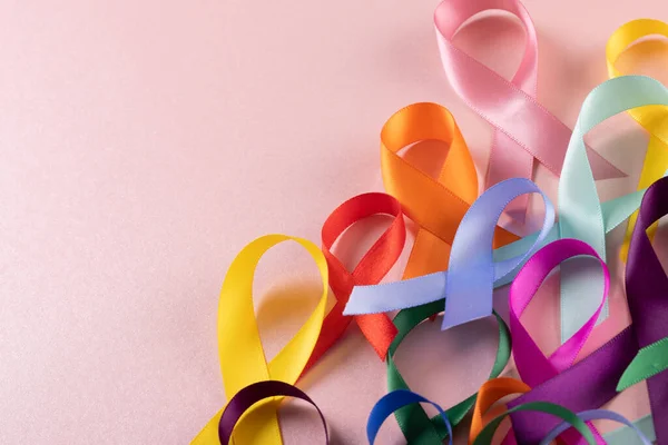 Close Various Multicolored Awareness Ribbons Pink Background Copy Space Medical — стоковое фото