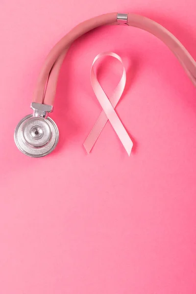 Close Stethoscope Pink Breast Cancer Awareness Ribbon Pink Background Copy — Stock Photo, Image