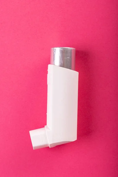 Close White Asthma Inhaler Isolated Pink Background Copy Space Medical — kuvapankkivalokuva