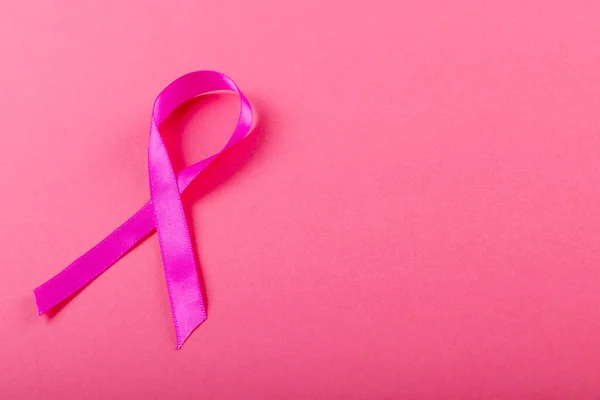 Overhead View Breast Cancer Awareness Pink Ribbon Isolated Pink Background — ストック写真