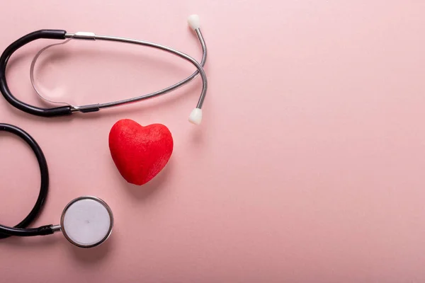 Directly Shot Stethoscope Red Heart Shape Pink Background Copy Space — Photo