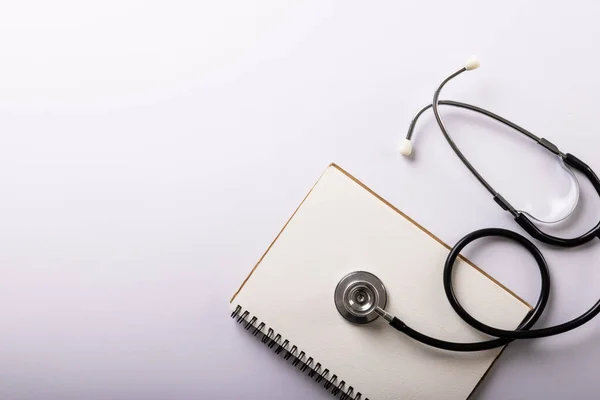 Directly Shot Blank Spiral Notebook Stethoscope White Background Copy Space — Stock fotografie