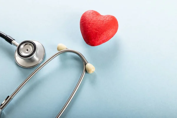 High Angle View Red Heart Shape Stethoscope Blue Background Copy — Foto de Stock