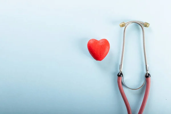Directly Shot Stethoscope Red Heart Shape Blue Background Copy Space — Photo