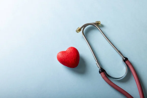 High Angle View Stethoscope Red Heart Shape Blue Background Copy —  Fotos de Stock