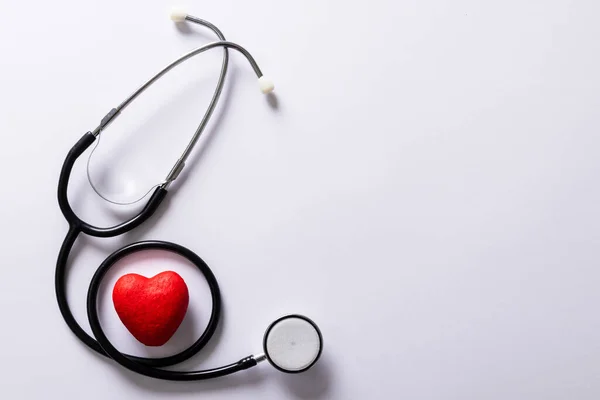 Overhead View Red Heart Shape Stethoscope White Background Copy Space — Photo