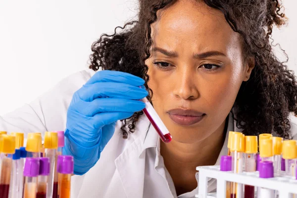 Close Serious African American Mid Adult Female Doctor Wearing Glove — Stock Photo, Image