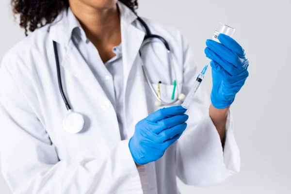 Midsection Female Doctor Wearing Gloves Holding Syringe Vial Doctor Syringe — Stok fotoğraf