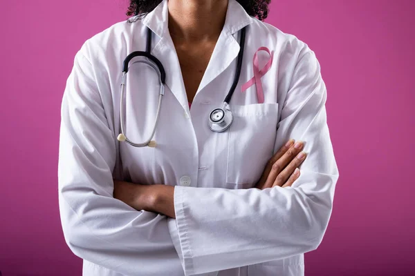 Midsection Woman Stethoscope Breast Cancer Awareness Ribbon Pink Background Doctor — Stok fotoğraf