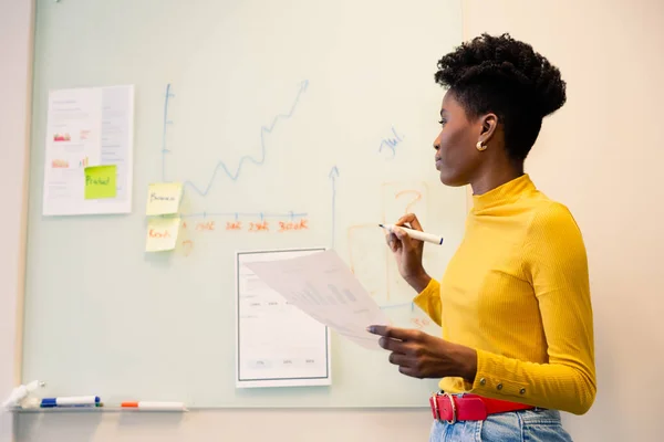 Young African American Businesswoman Planning Strategy Whiteboard Document Workplace Unaltered — Stockfoto
