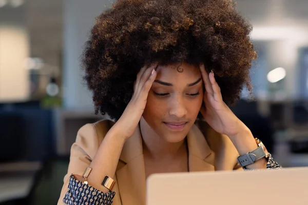 Exhausted Young African American Businesswoman Head Hands Sitting Laptop Workplace — Fotografia de Stock