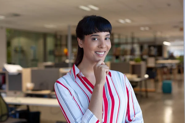 Portrait Smiling Young Biracial Businesswoman Bangs Wearing Striped Shirt Workplace — Stock Photo, Image