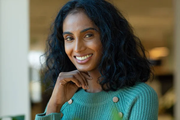 Portrait Smiling Beautiful Young Biracial Female Advisor Black Hair Workplace — Stock Fotó