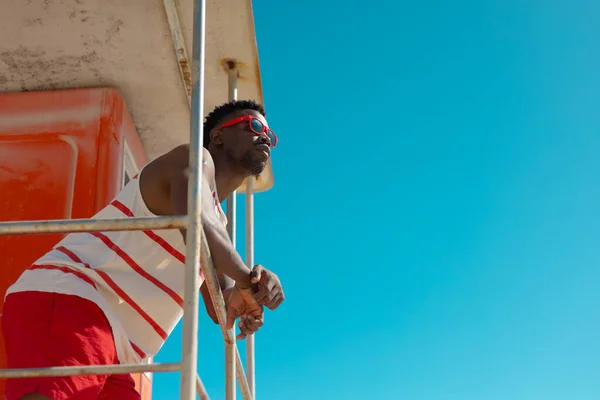 Low Angle View African American Young Man Sunglasses Standing Lifeguard — Photo